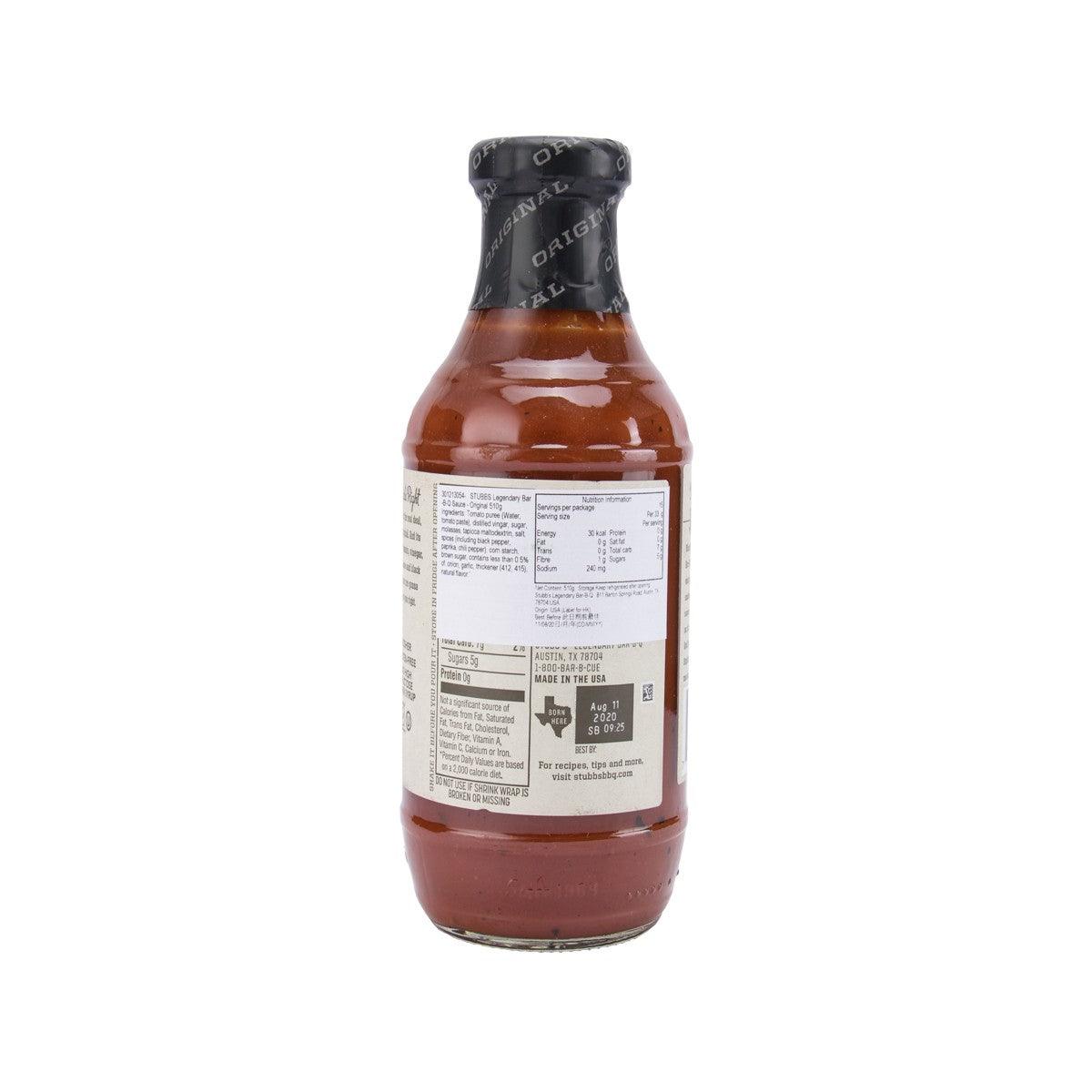 STUBBS Original BBQ sauce bottle, 510g, back label with ingredients and nutrition.