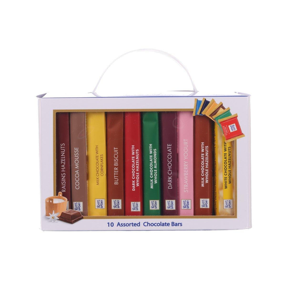 Ritter SPORT chocolate gift box with window, showing 10 assorted chocolate bars