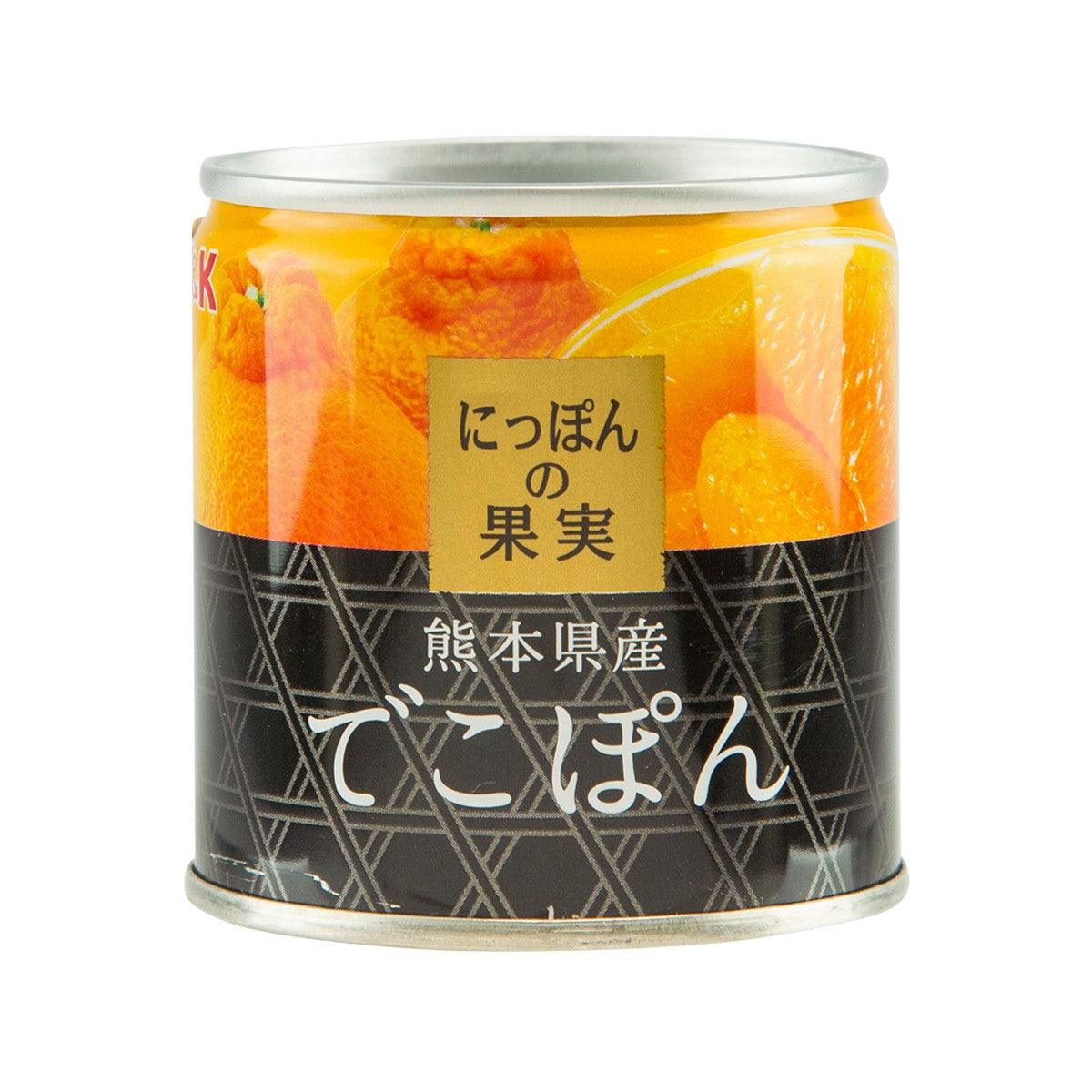 Citrus in syrup product can with visible orange fruit pieces through clear window