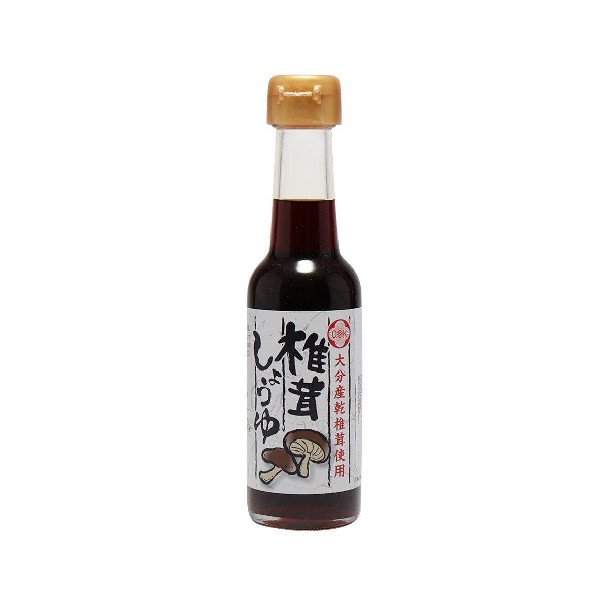 Shiitake mushroom soy sauce bottle with amber cap and dark brown liquid, 150 mL
