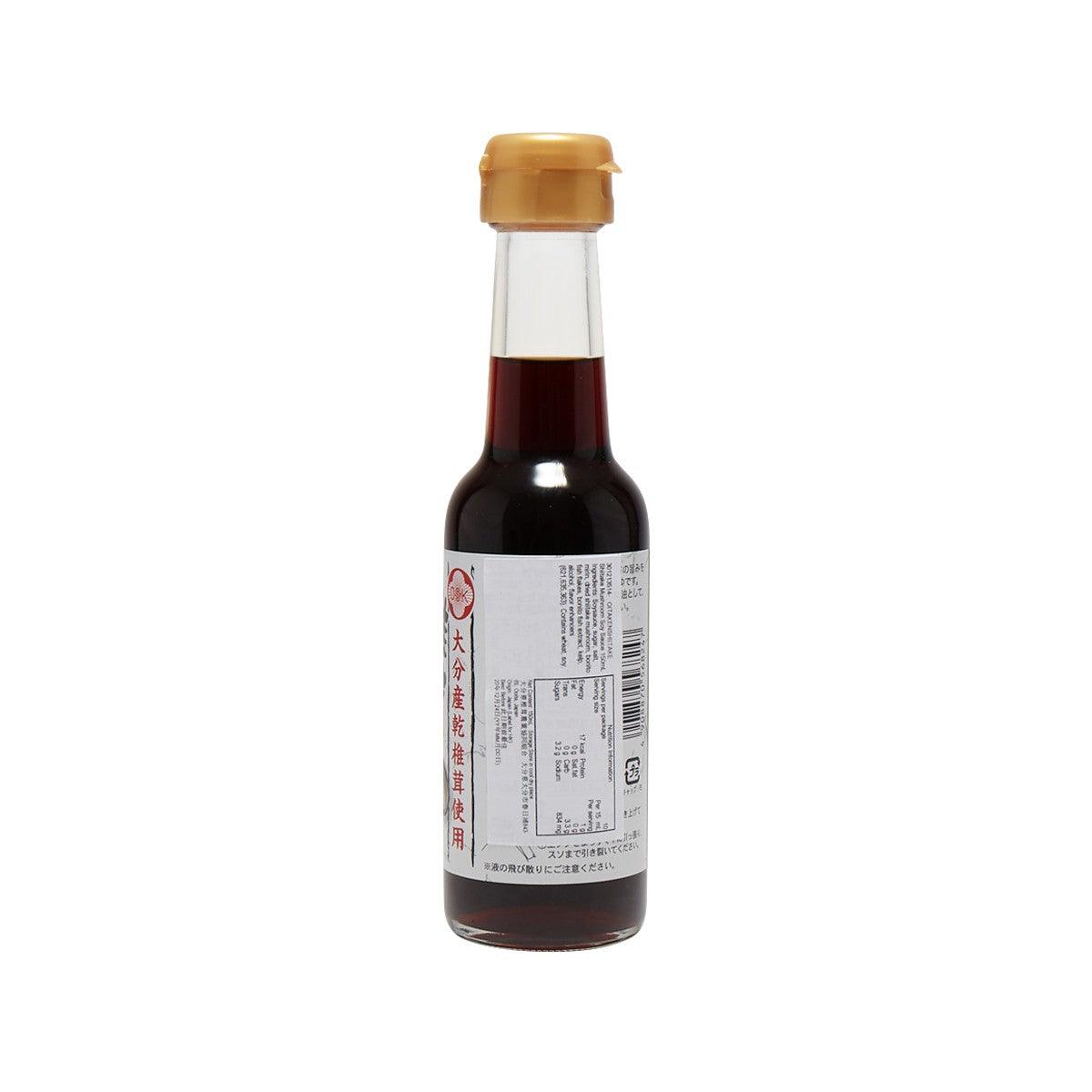 Shiitake mushroom soy sauce bottle with barcode label and amber cap, dark brown liquid
