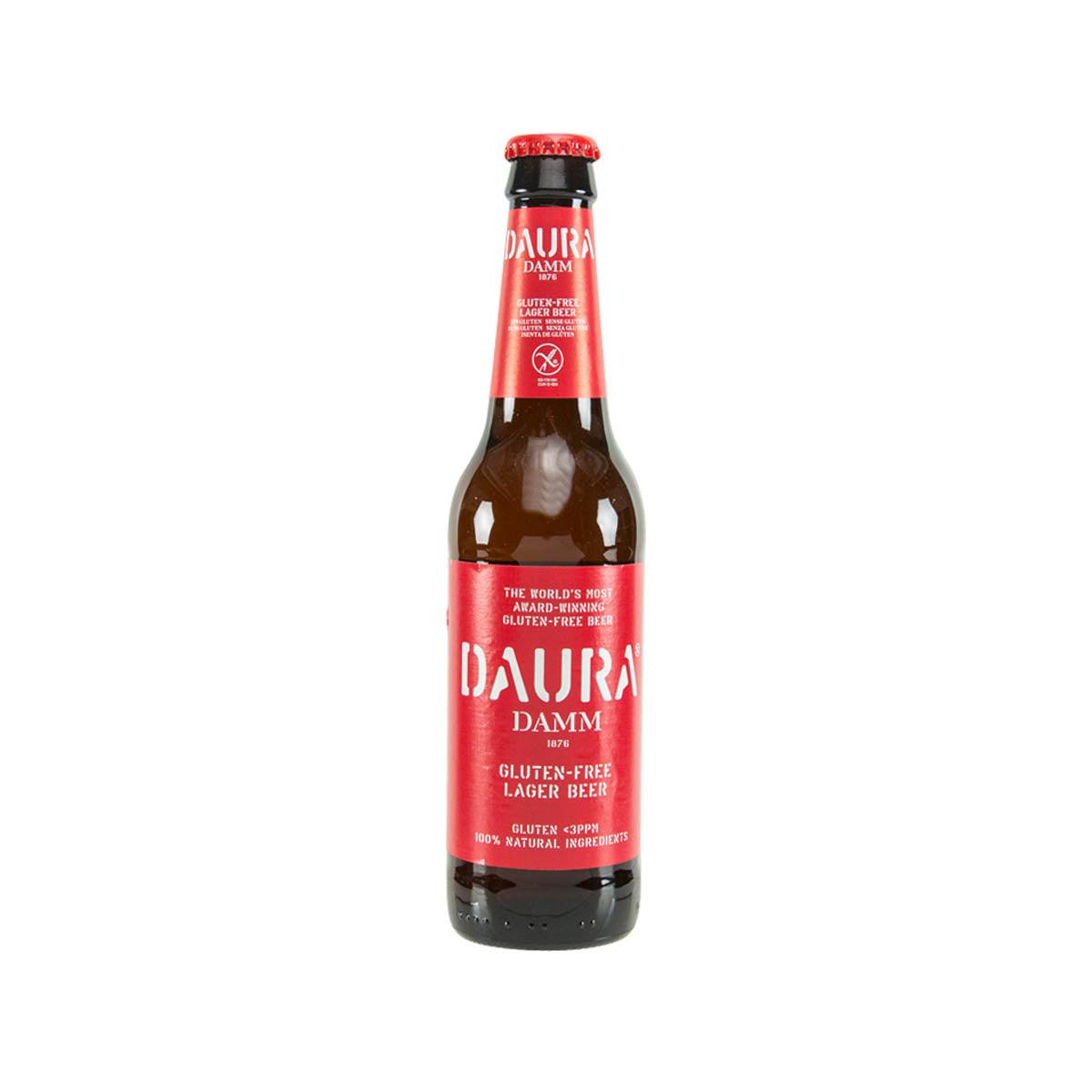 Daura Damm gluten-free lager beer bottle with red cap and red label