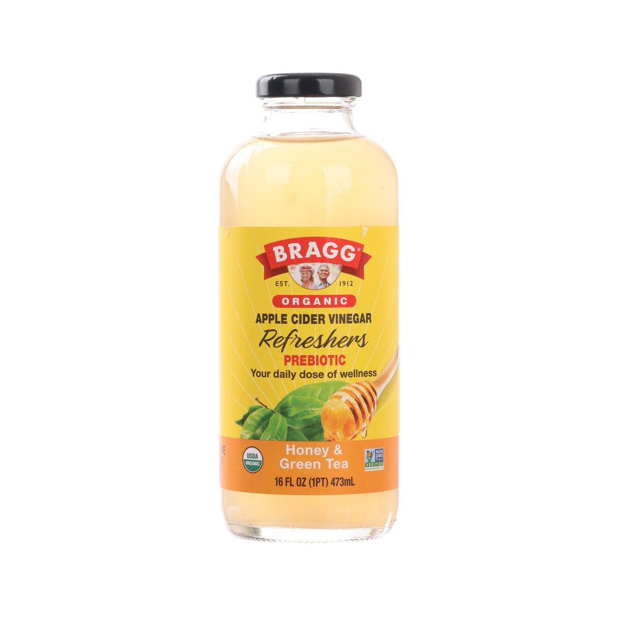 Bottled BRAGG apple cider vinegar drink, honey & green tea front label, 473 mL