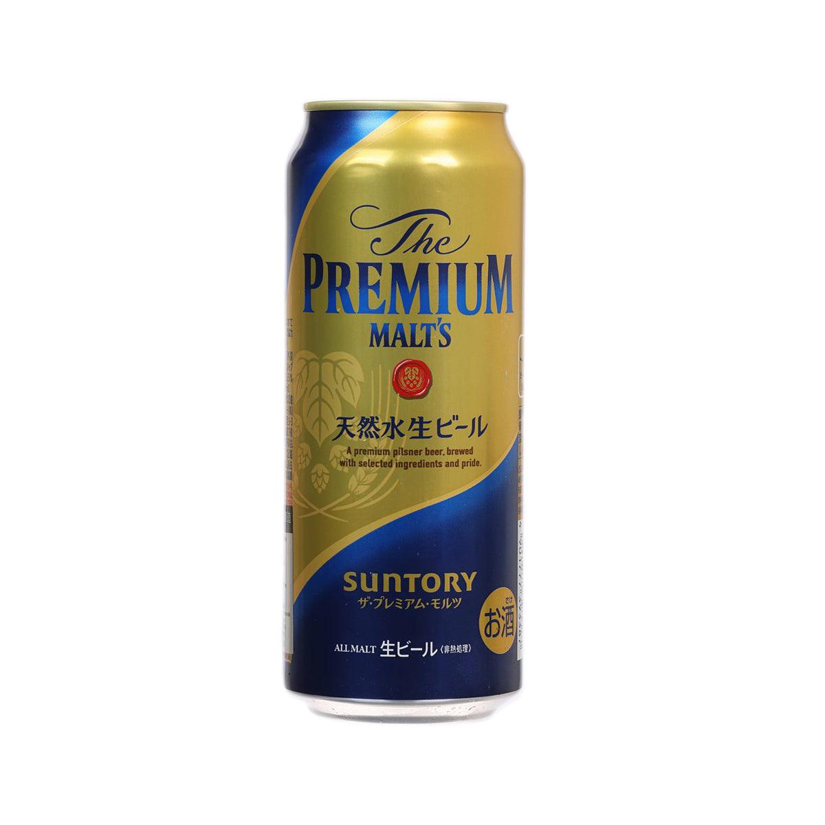 Pilsner beer can with blue-gold SUNTORY Premium Malts label, front view