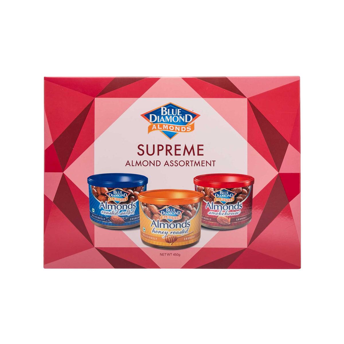 Blue Diamond Supreme almond assortment gift box with three assorted canisters