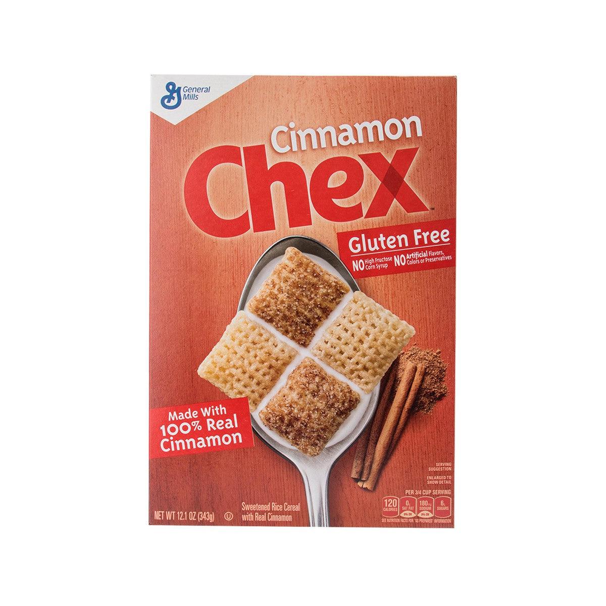 Gluten-free Cinnamon Chex sweetened rice cereal box, with cinnamon cereal squares