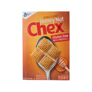 Honey Nut Chex gluten-free corn cereal box, front view with honey nut squares in bowl