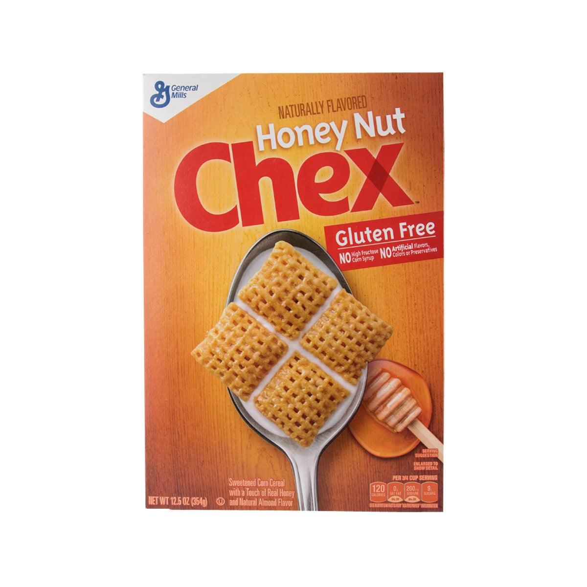 Honey Nut Chex gluten-free corn cereal box, front view with honey nut squares in bowl