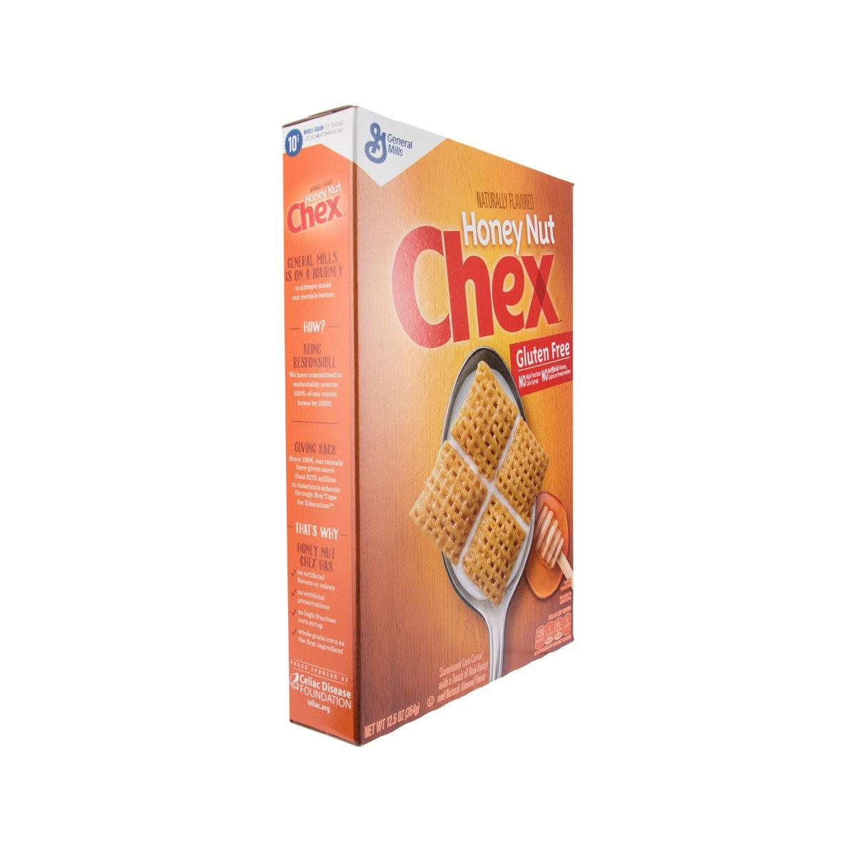 Honey Nut Chex gluten-free cereal box, 3/4 angled view with honey nut squares