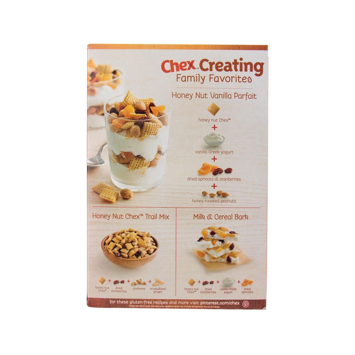 Honey Nut Chex cereal box back with recipe ideas, parfait and trail mix illustrations