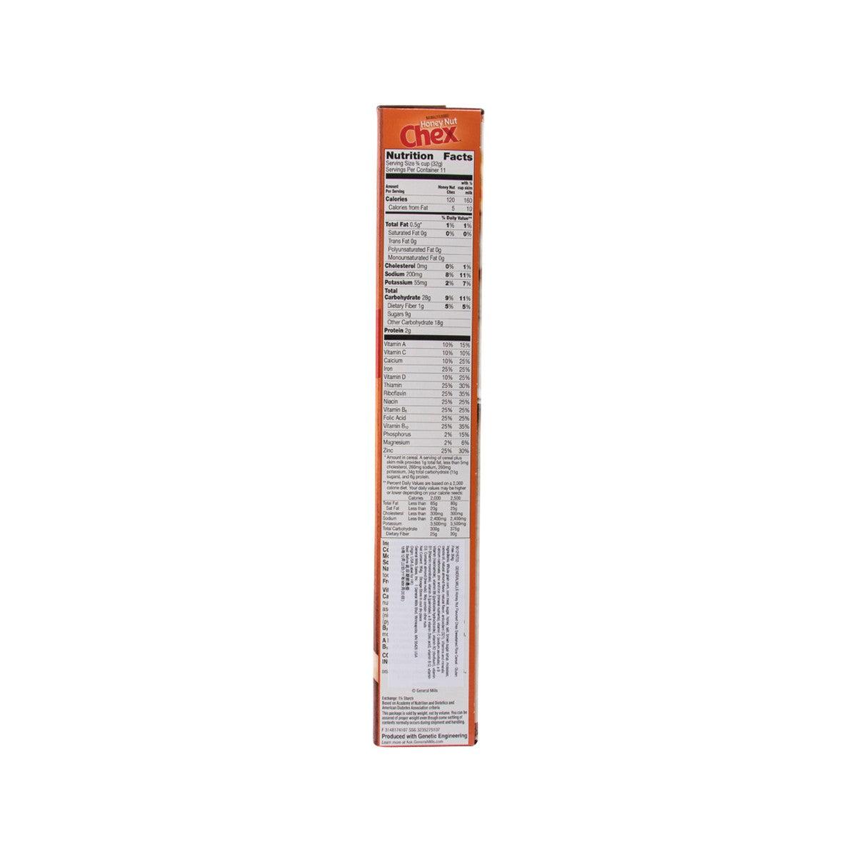 Honey Nut Chex gluten-free nutrition facts panel on cereal box side