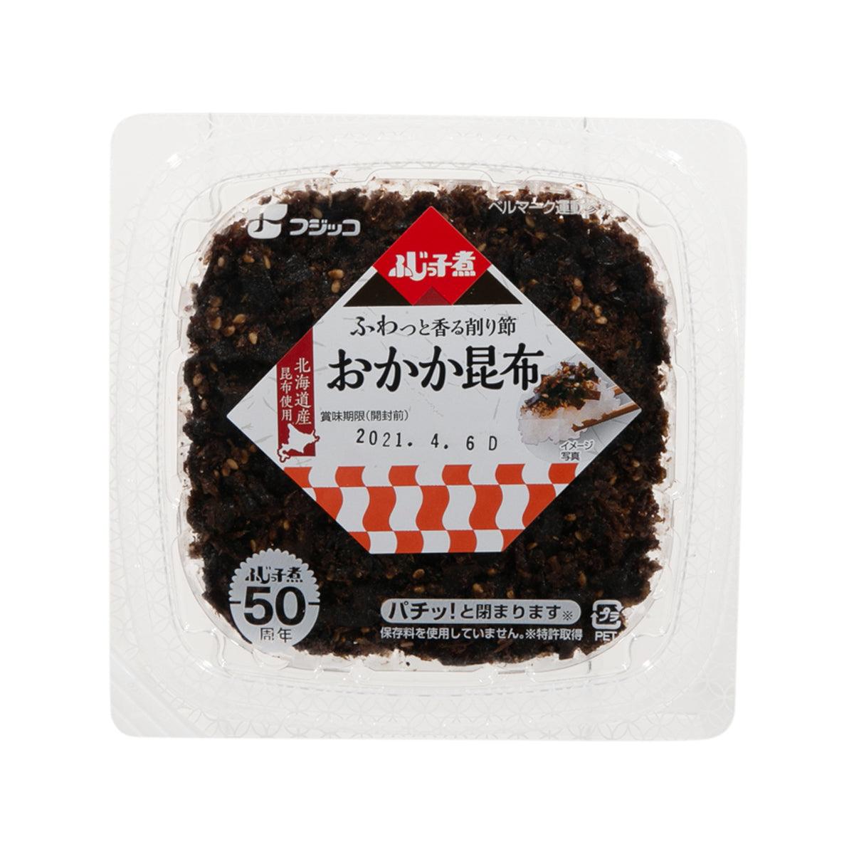FUJICCO seasoned kelp with bonito fish in sealed plastic tray, dark shredded seaweed