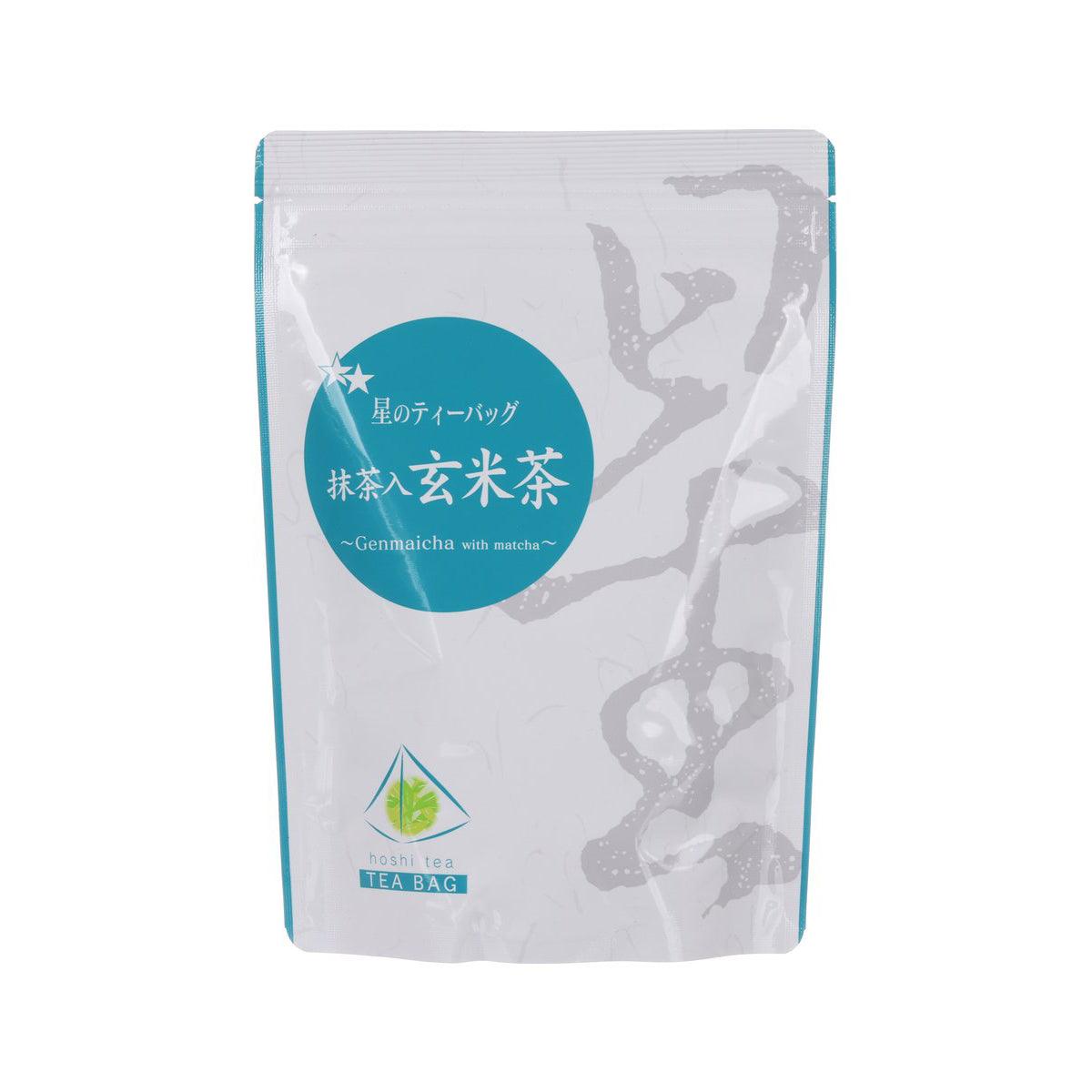 HOSHINO matcha genmaicha tea bag pouch, white with teal label, 25 bags