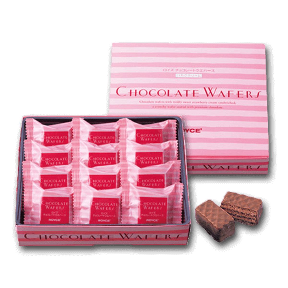 Strawberry cream chocolate wafers in pink striped box with wrapped pieces