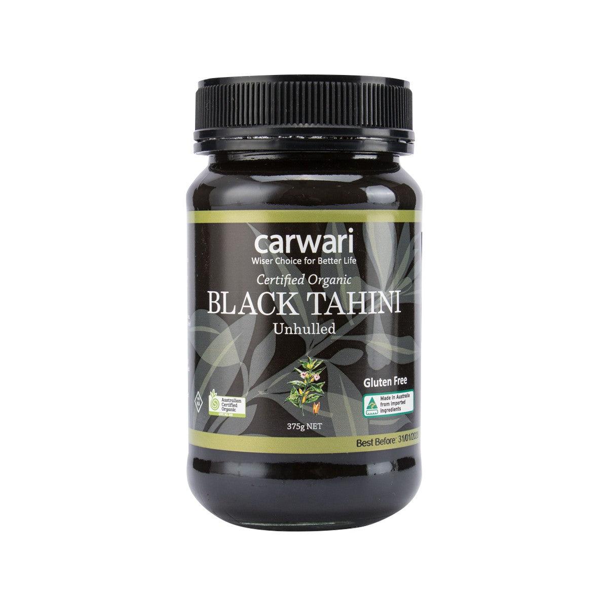 CARWARI organic black tahini unhulled 375g jar, black cap, front label