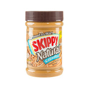 Creamy natural peanut butter spread jar with brown ribbed cap and SKIPPY label