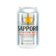SAPPORO Premium Beer silver can with yellow star logo and red front label