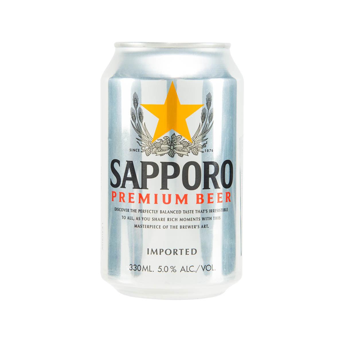 SAPPORO Premium Beer silver can with yellow star logo and red front label
