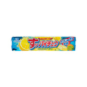 MORINAGA Hi-Chew super sour lemon candy box, blue and yellow front panel