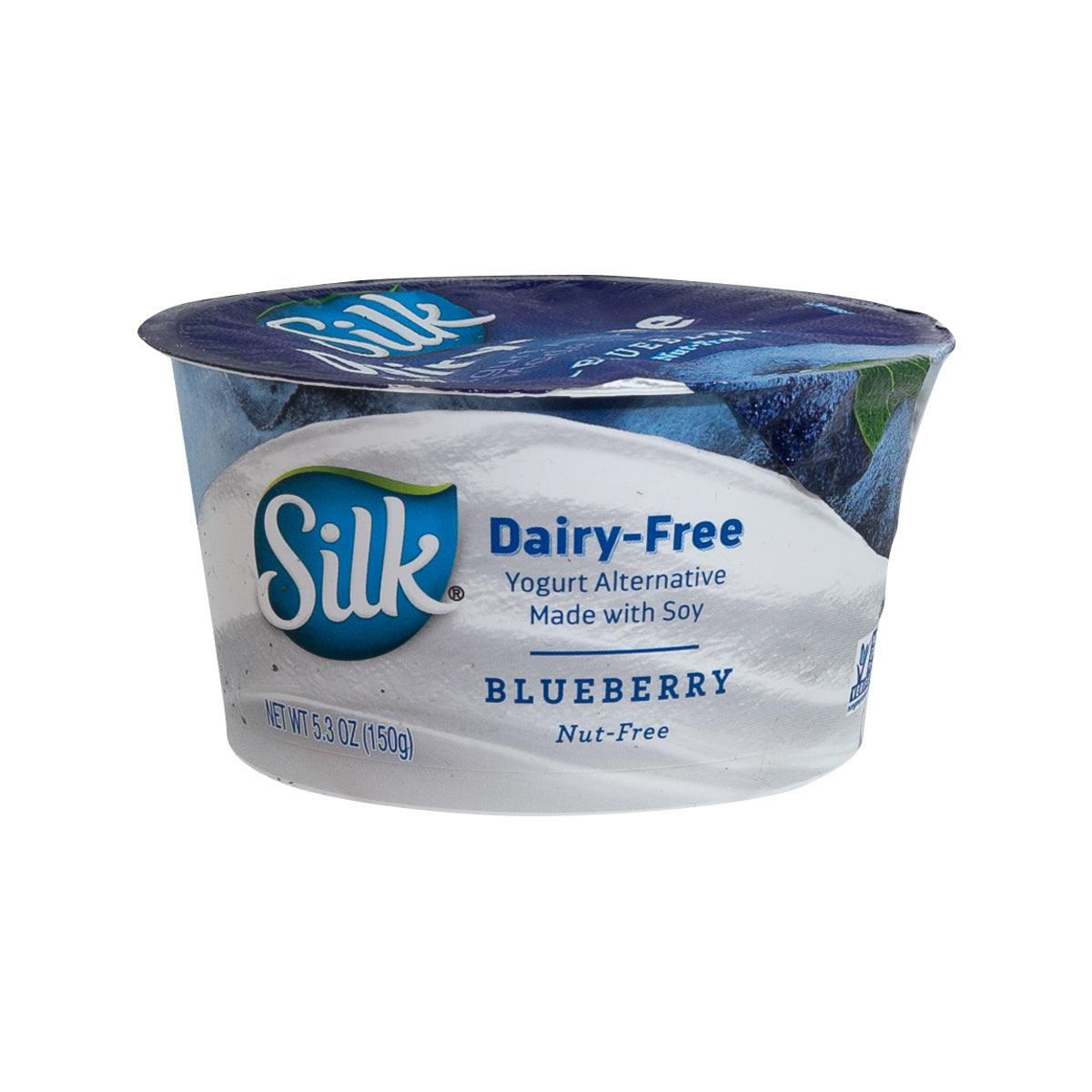 Dairy-free blueberry soy yogurt alternative in a plastic tub, 150g