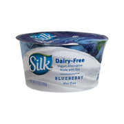 Dairy-free blueberry soy yogurt alternative in a plastic tub, 150g