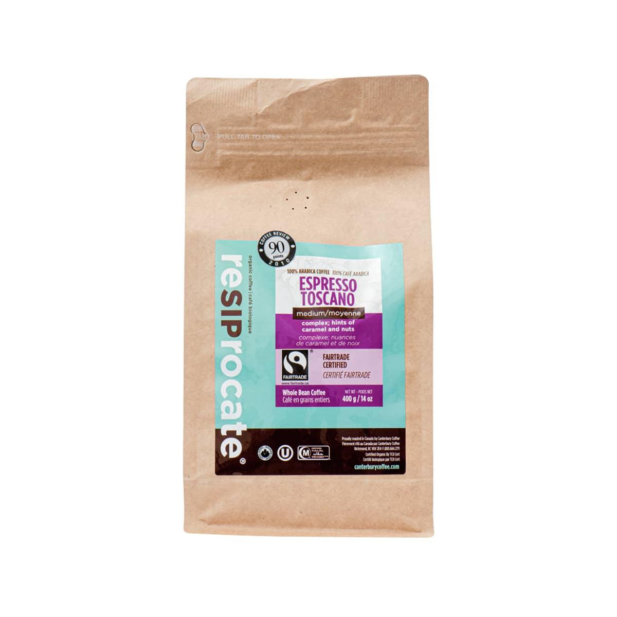 Organic espresso coffee beans pouch, Espresso Toscano label, 400g