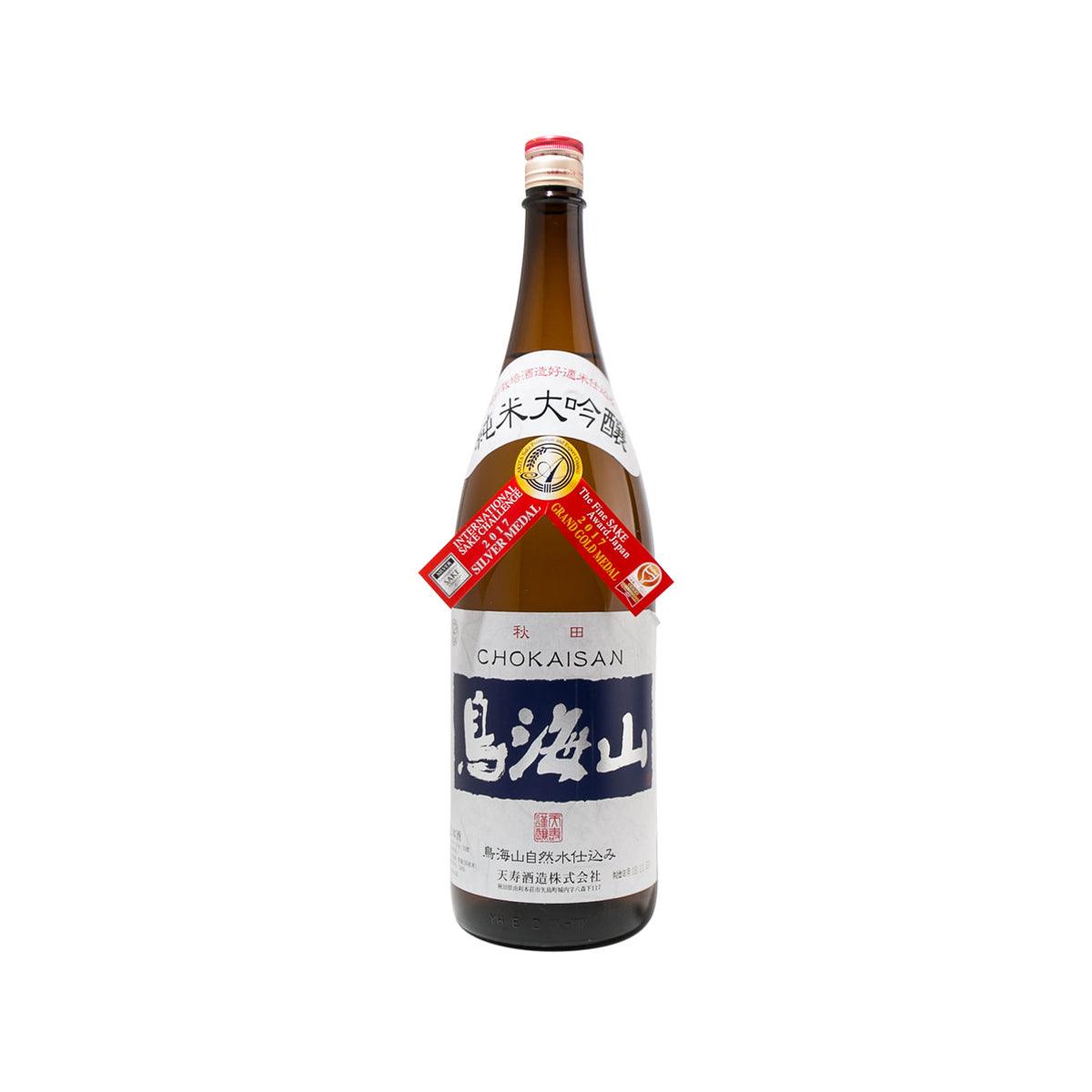 Sake bottle with front label and red neck cap, Chokaisan Junmai Daiginjo