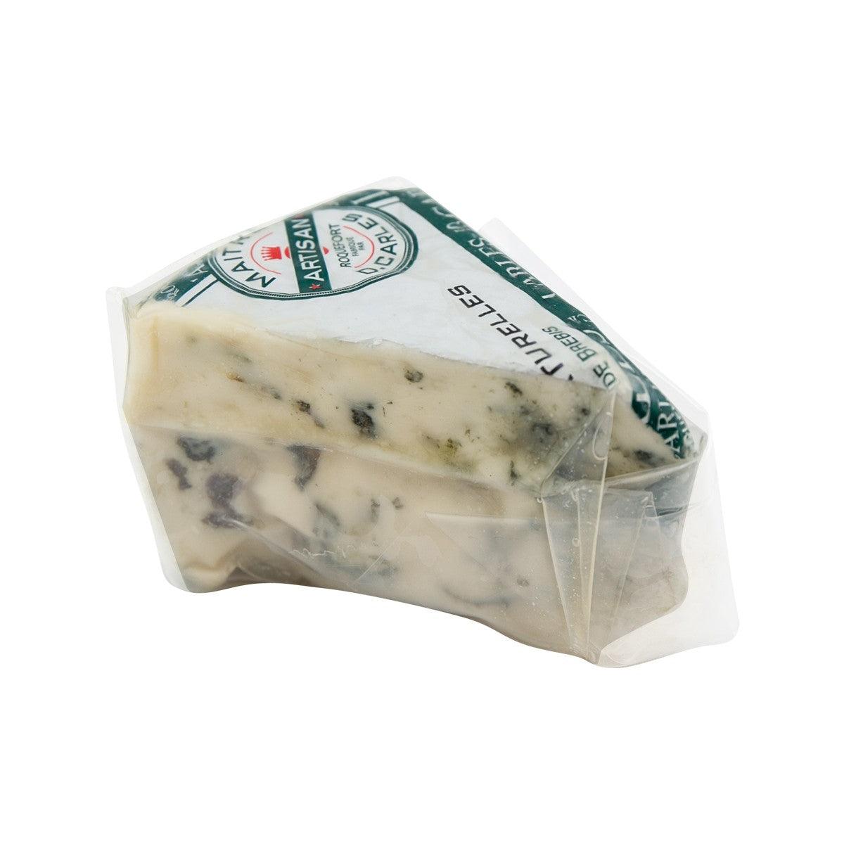 Packaged Roquefort cheese in clear wrap with green label