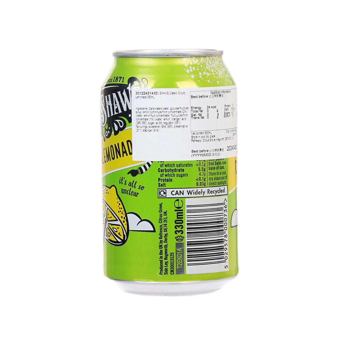 BEN SHAWS Cloudy Lemonade can side, green with barcode and ingredient details