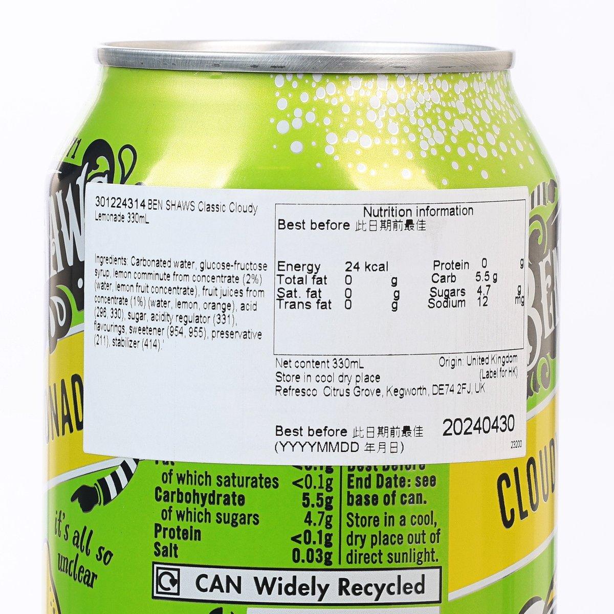 BEN SHAWS Cloudy Lemonade can label close-up, nutrition info and CAN Widely Recycled