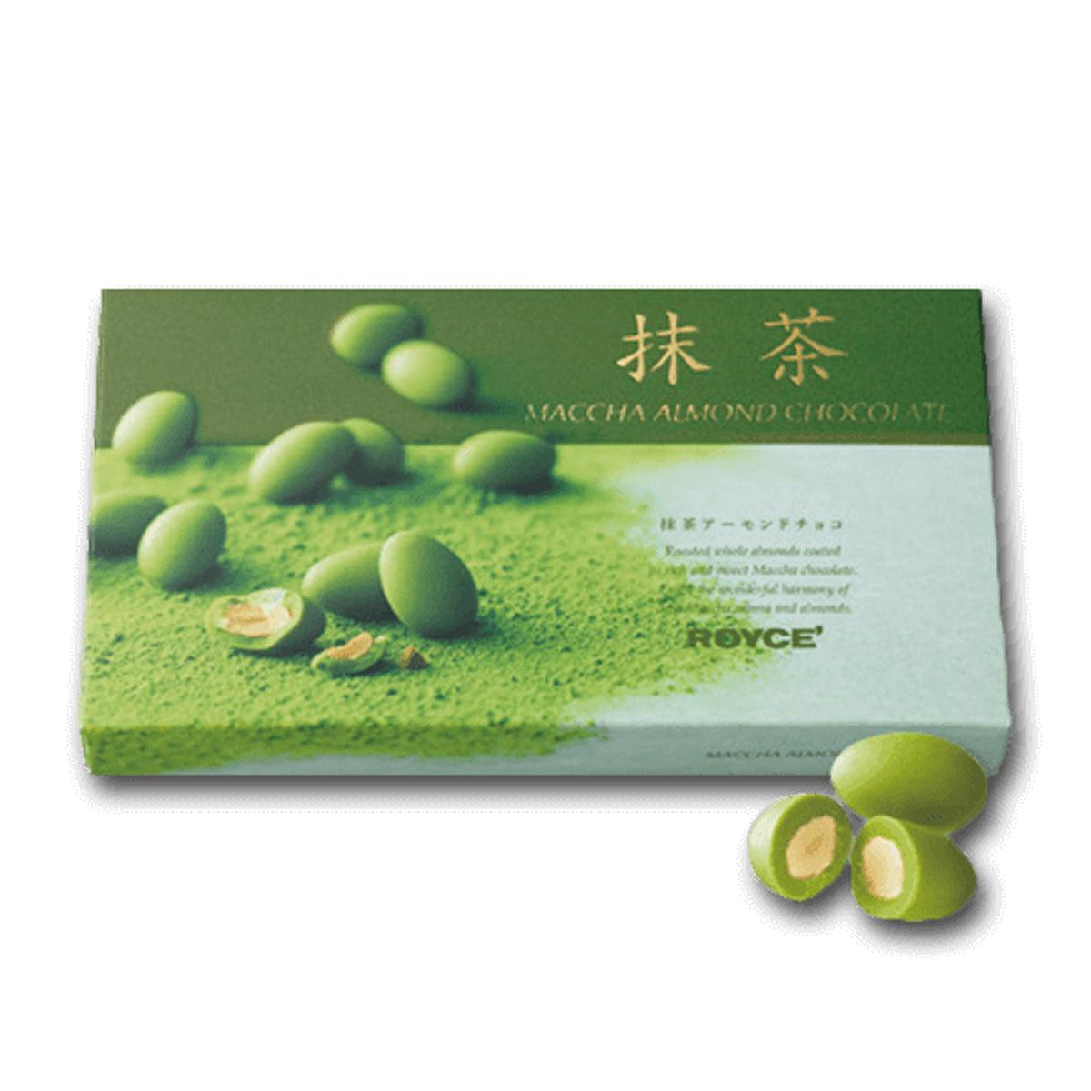 ROYCE' matcha almond chocolate box, green package with nut and leaf graphics