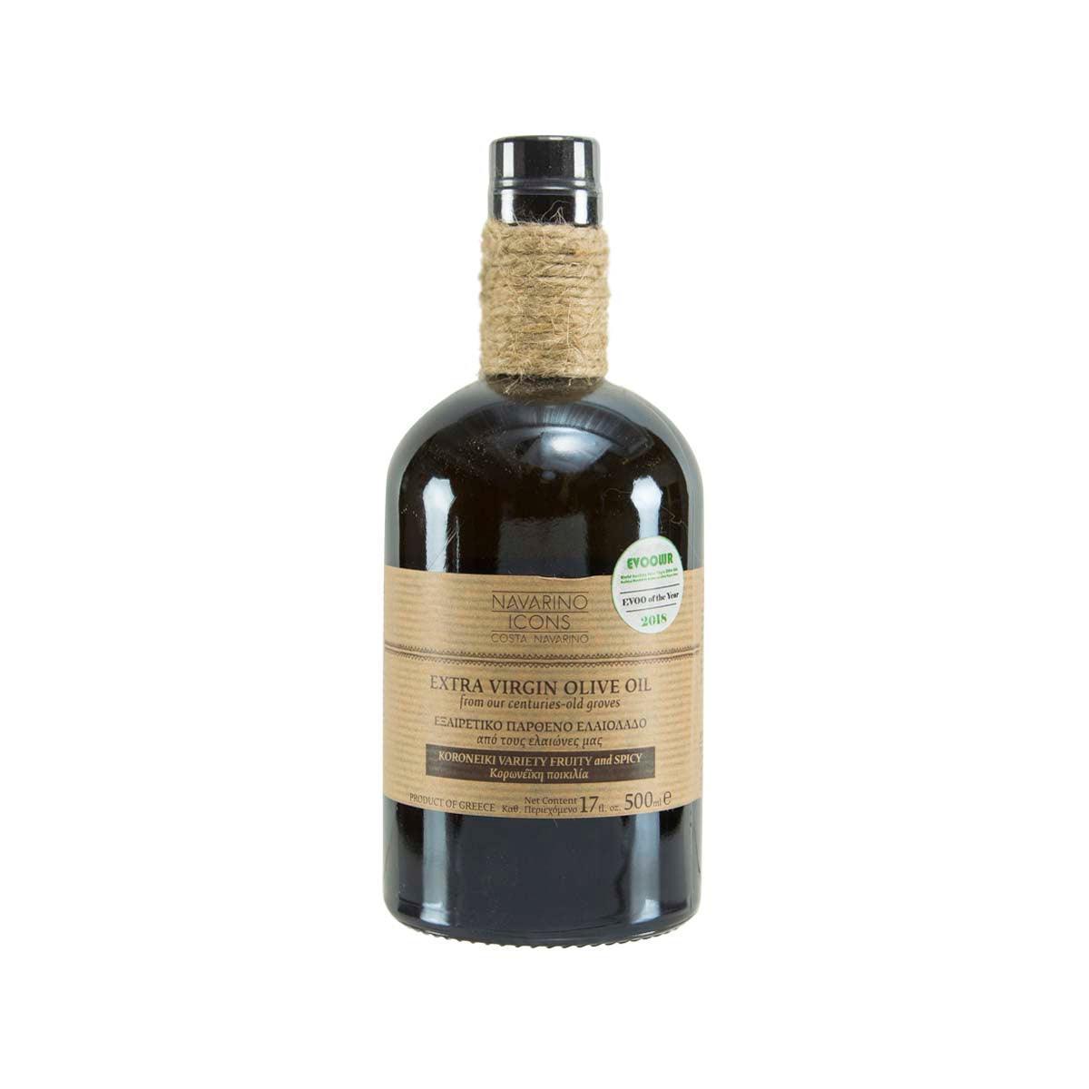 Extra virgin olive oil bottle with cork stopper and front label, 500 mL