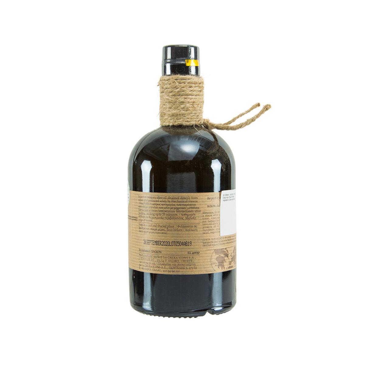 Extra virgin olive oil bottle with twine-wrapped cork and back label, 500 mL