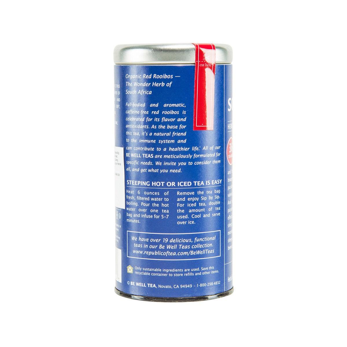 Herb tea bag canister back with blue label and red highlight