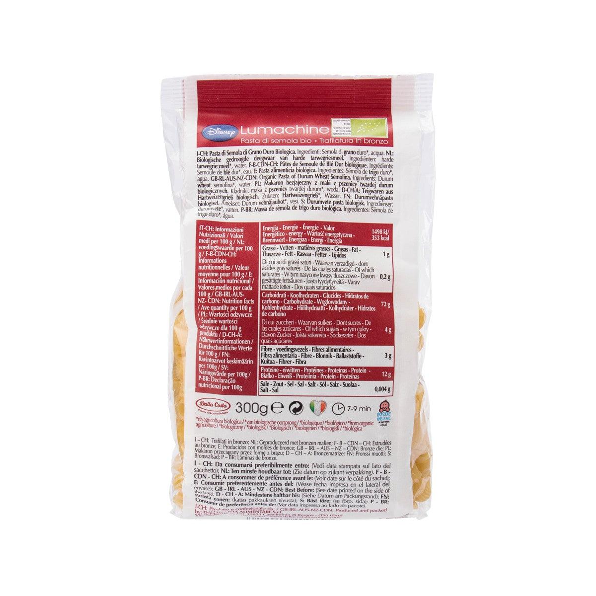 Dalla Costa organic semolina lumachine pasta, 300g back-of-pack label