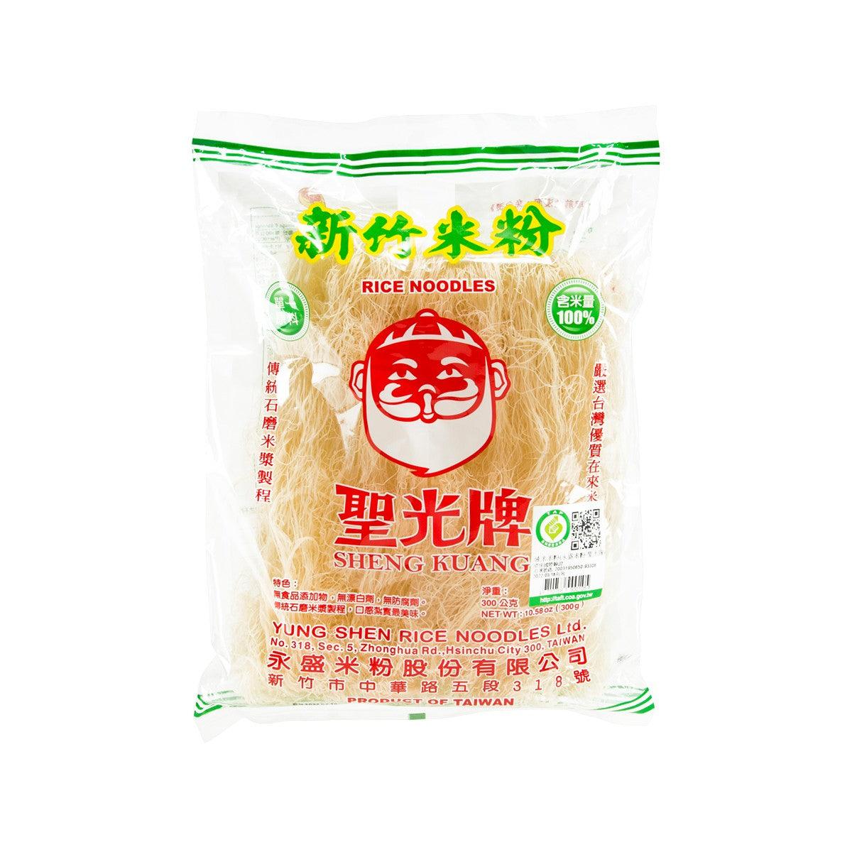 Rice noodles pouch, white bag with green trim and red brand logo