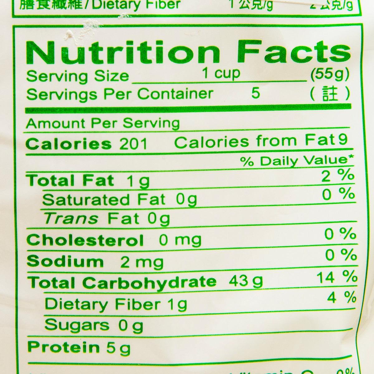 Nutrition Facts label for rice noodles, green text on white background