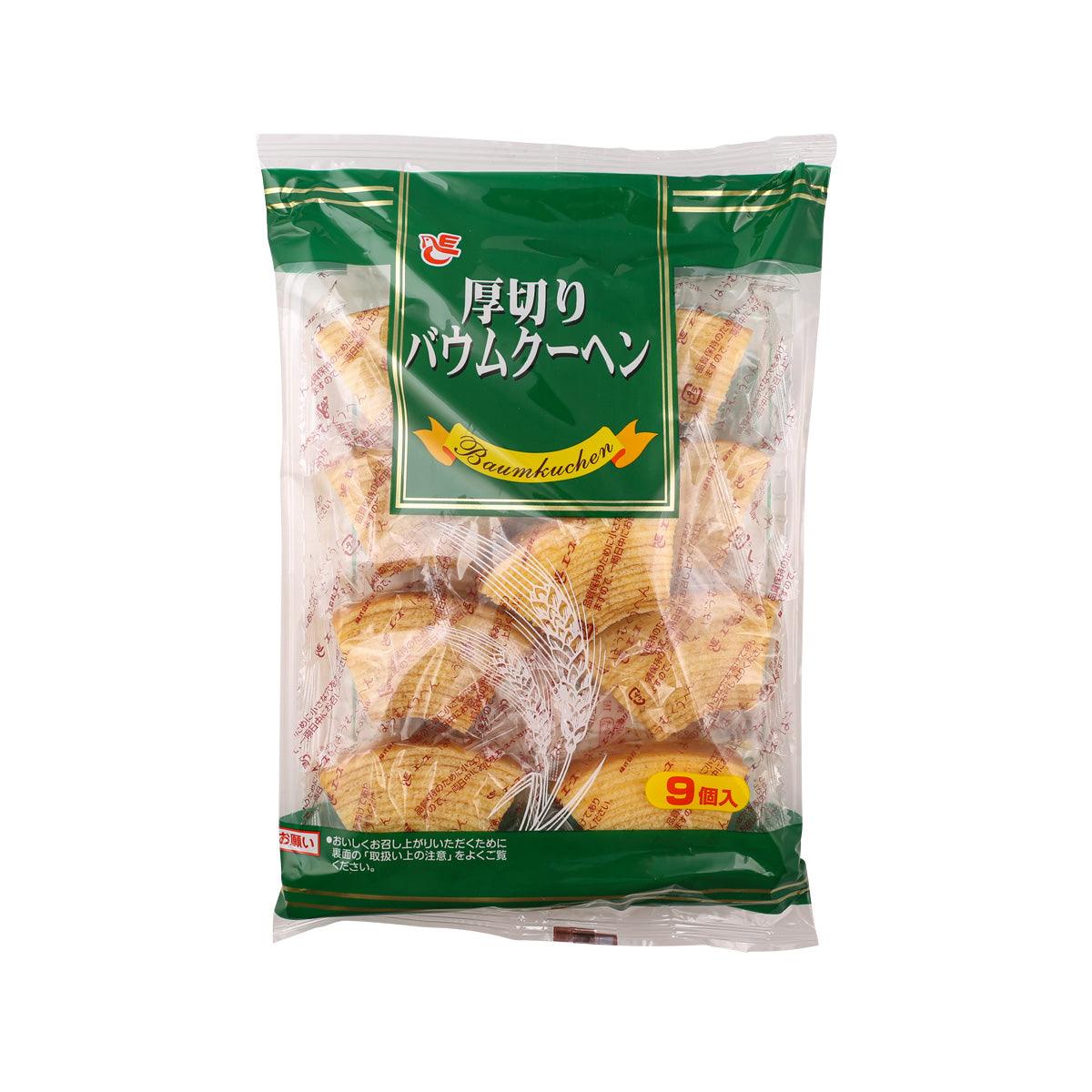 Baumkuchen cookie pack, green bag with 9-piece count and sliced pastries