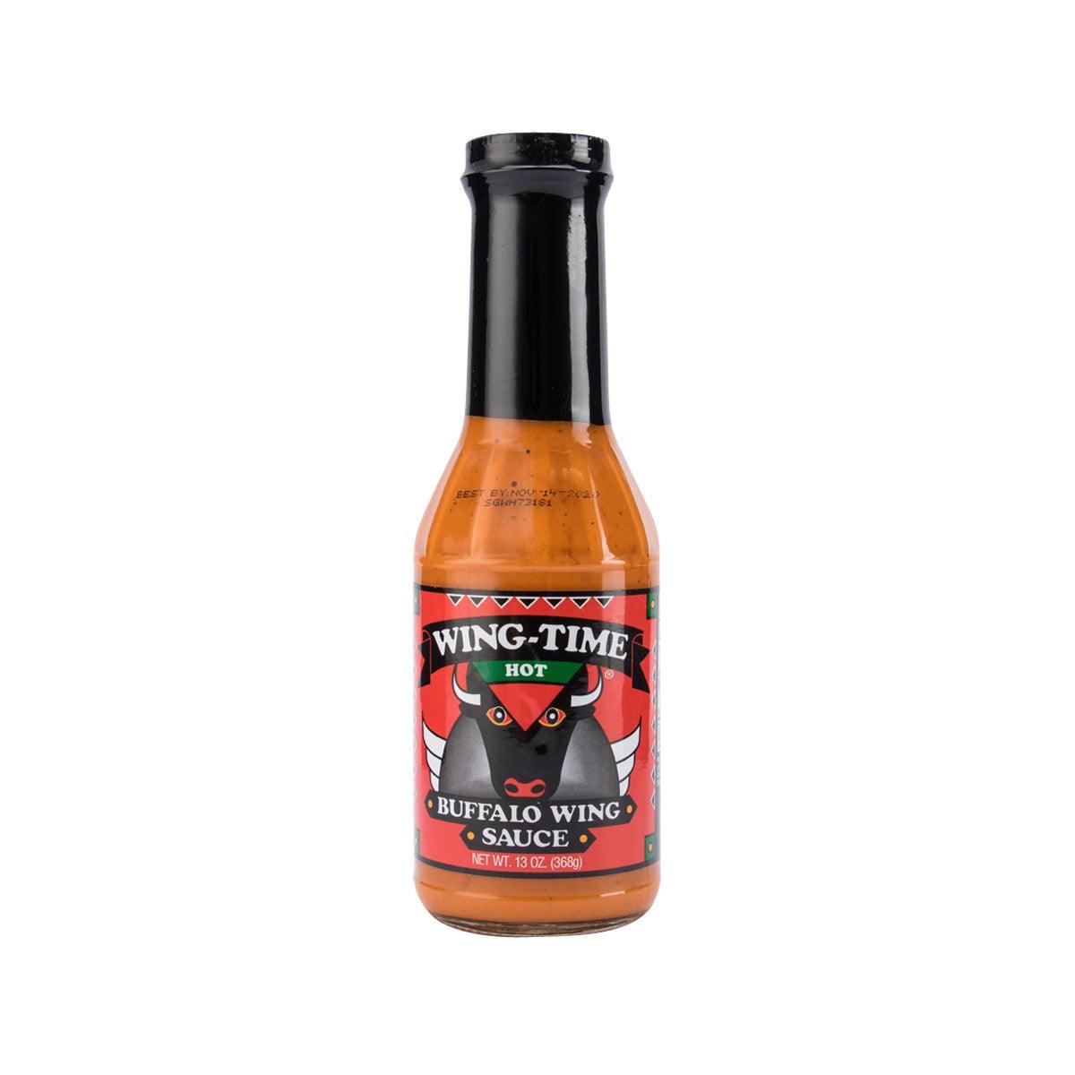Hot buffalo wing sauce bottle, WING-TIME, orange-red with front label