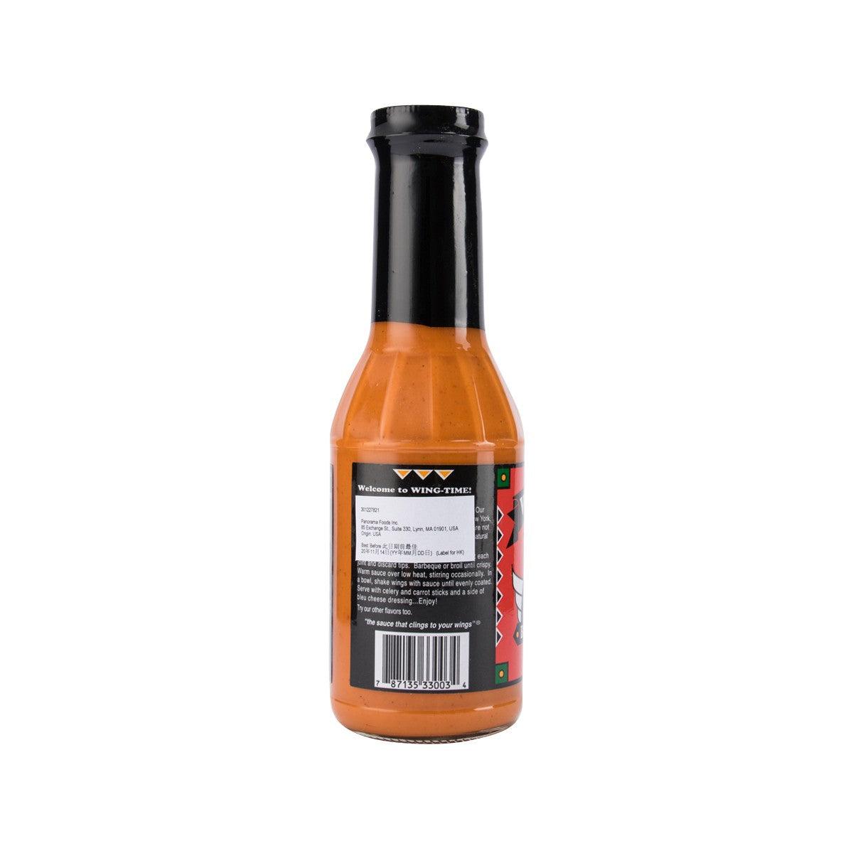 Hot buffalo wing sauce bottle, WING-TIME, orange-red back label with barcode