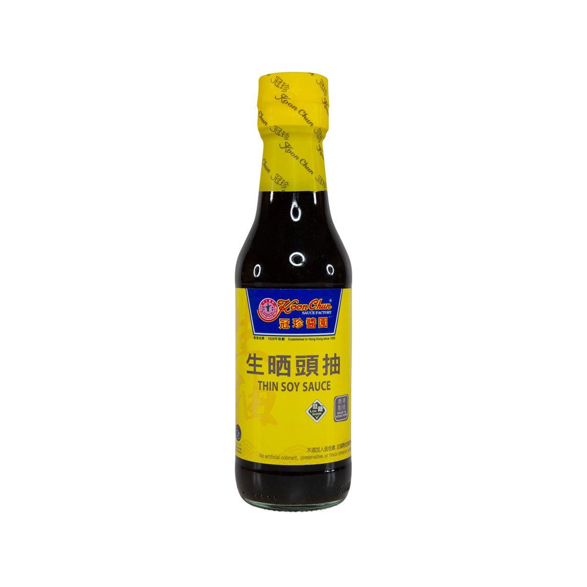 KOON CHUN SAUCE FACTORY thin soy sauce bottle, 250 mL, dark glass with yellow label