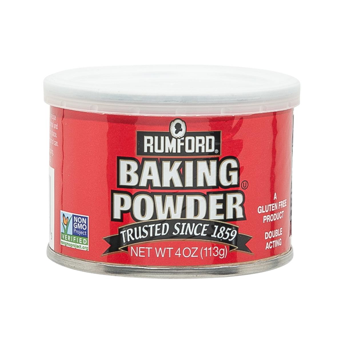 RUMFORD baking powder in red-labeled white plastic jar with clear lid, 113 g
