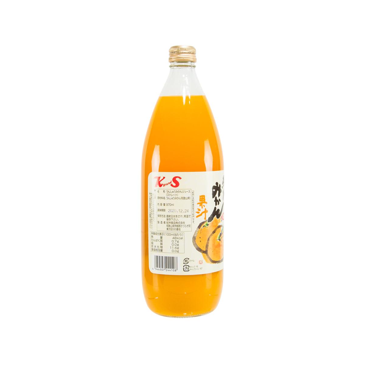 Mandarin orange juice bottle, 970 mL, with back label and gold cap