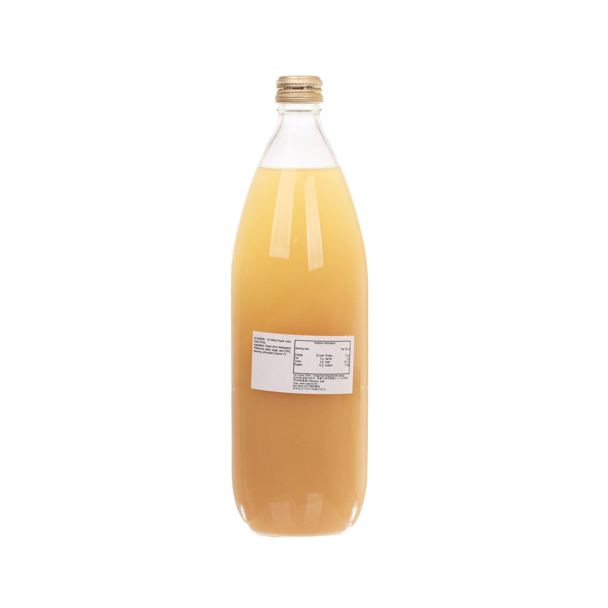 KS white peach juice drink bottle, peach-colored liquid, back label