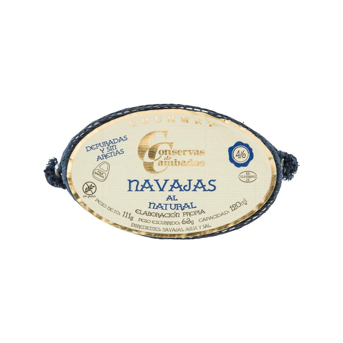 Razor clams in brine oval package with brand label and navy rope edge