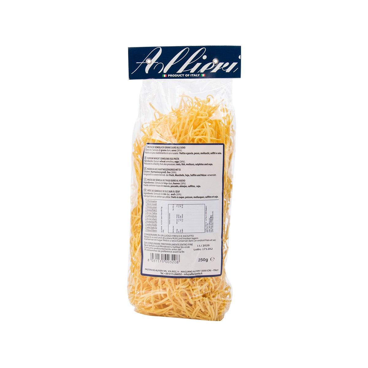 Egg tajarin pasta bag, ALFIERI, 250g, back label with ingredients and barcode