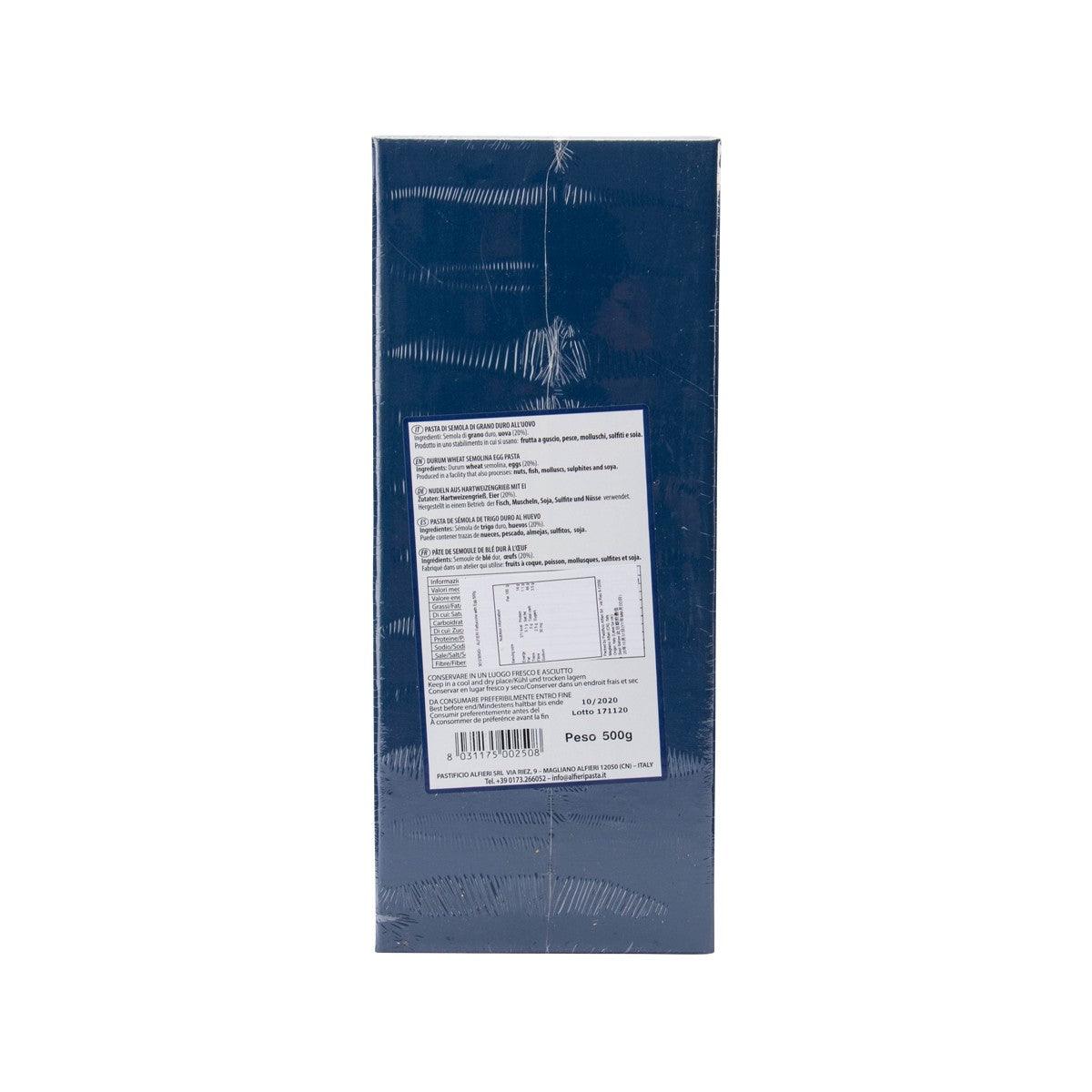 ALFIERI egg fettuccine pasta, 500g pack back with ingredients panel
