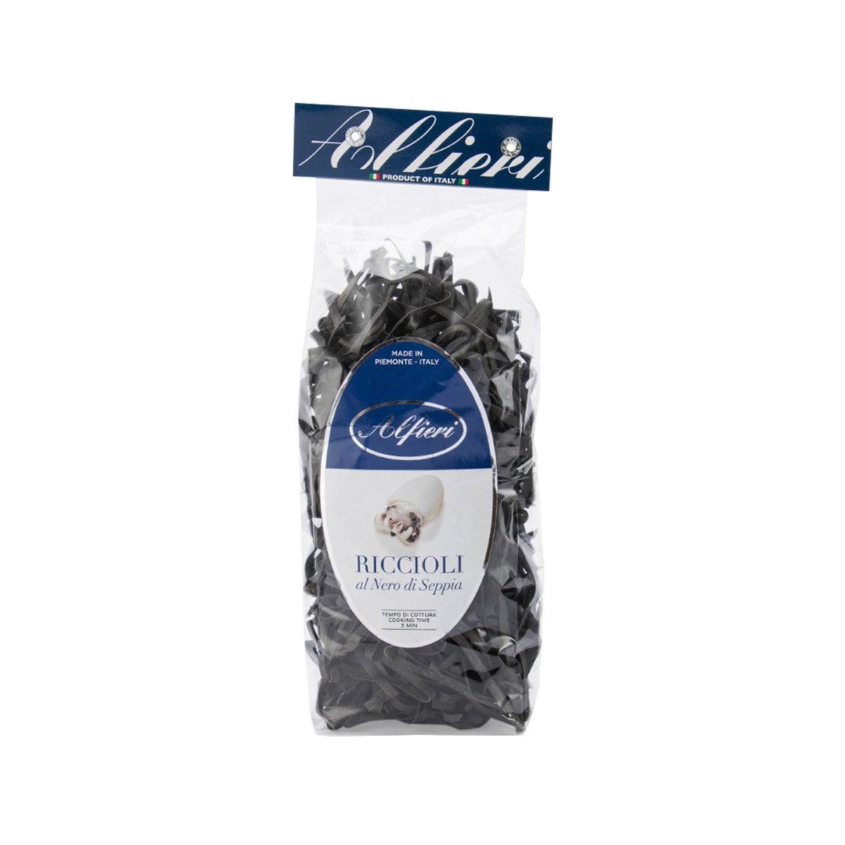 Squid ink riccioli pasta in sealed bag with front brand and product label