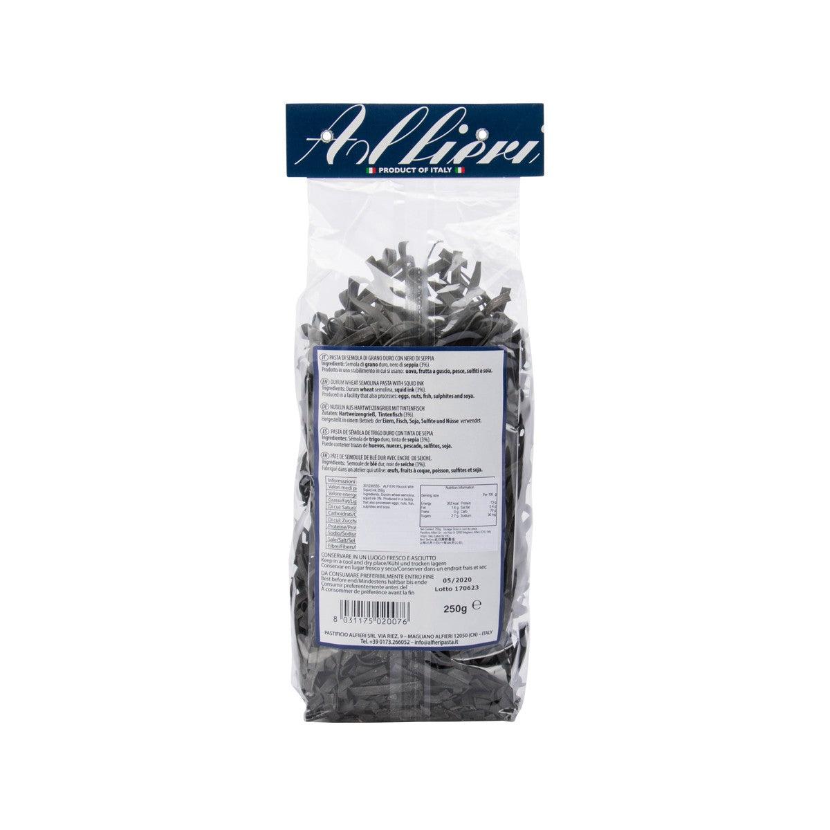Squid ink riccioli pasta back view in sealed bag with ingredient and label