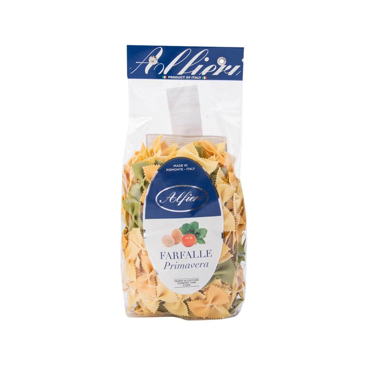 ALFIERI tri-color farfalle primavera pasta bag with orange, green, and pink pieces